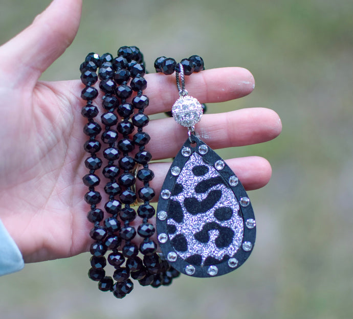 Black & Leopard Necklace w/ silver charm