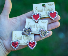 Load image into Gallery viewer, Red glitter heart studs with stones